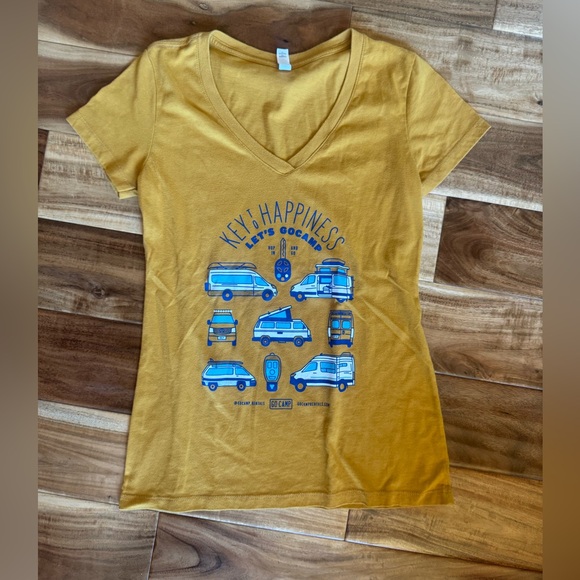 Ideal T Tops - “Let’s Go Camping” Yellow Graphic V-Neck T-Shirt